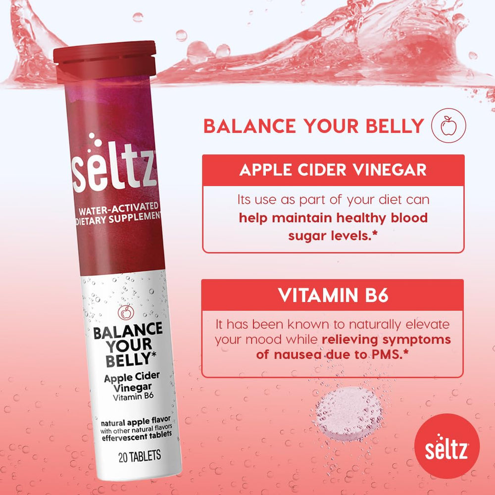 Seltz Balance Your Belly tablets dissolve in 10 oz water for flavor control
