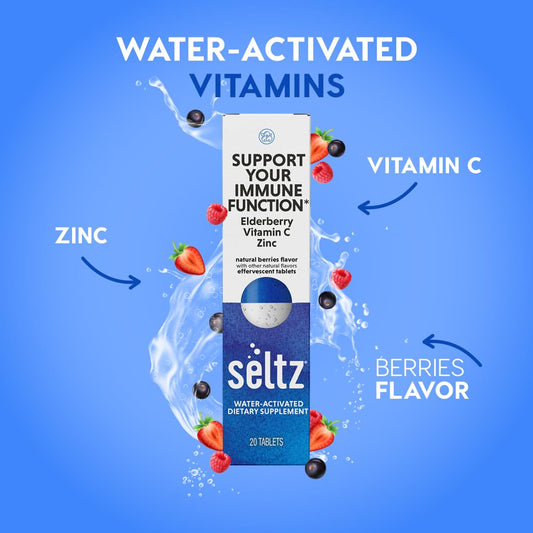 Seltz berry flavor effervescent tablet dissolving in water.