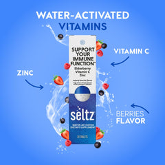 Seltz berry flavor effervescent tablet dissolving in water.