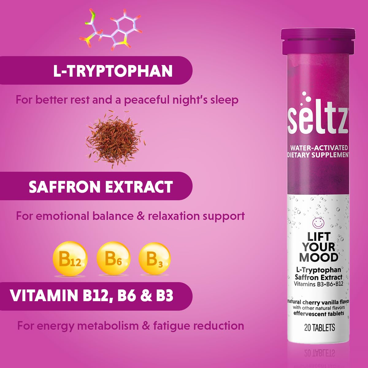 Seltz Cherry Vanilla flavor bottle shows no sugar added for guilt-free daily use.