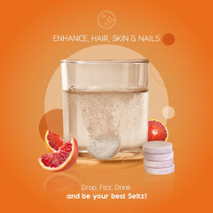 Seltz Enhance close-up of biotin, silica, and vitamin C ingredients for beauty support.