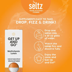 Close-up of Seltz Get Up and Go bottle with label