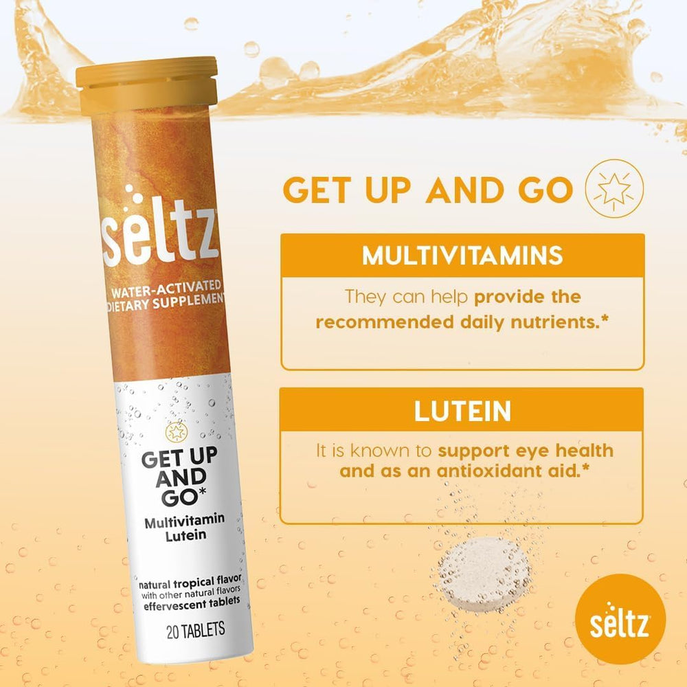 Pouring a fizzy Seltz Get Up and Go drink into a glass