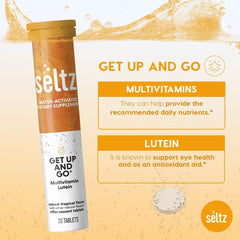 Pouring a fizzy Seltz Get Up and Go drink into a glass