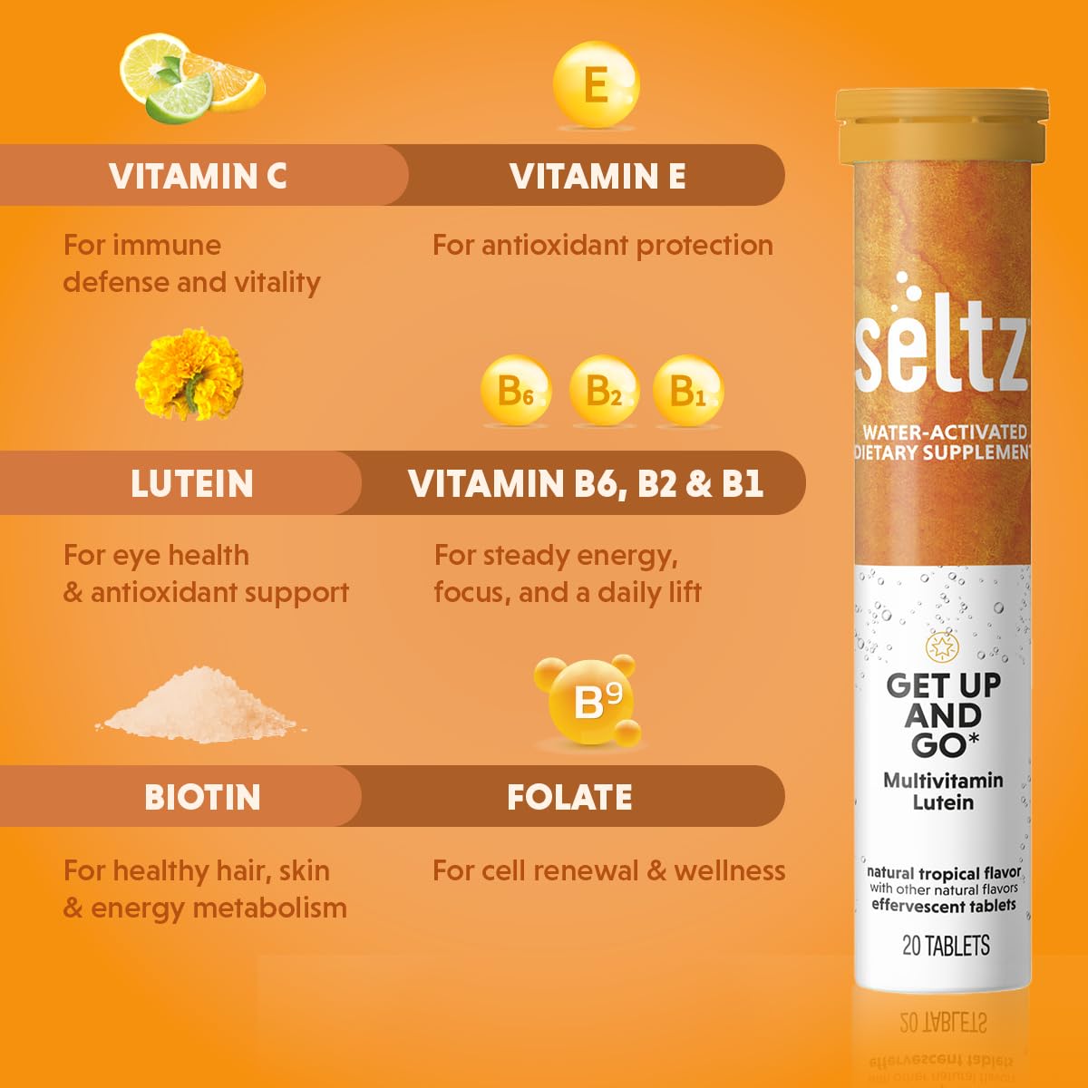 Seltz Get Up and Go tropical flavor tablet in water on the go