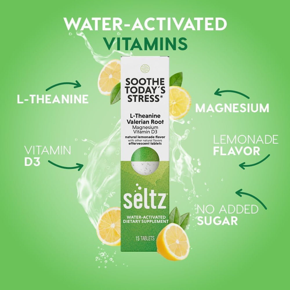 Seltz Lemonade flavor tablet dissolving in a glass with bright, refreshing taste.