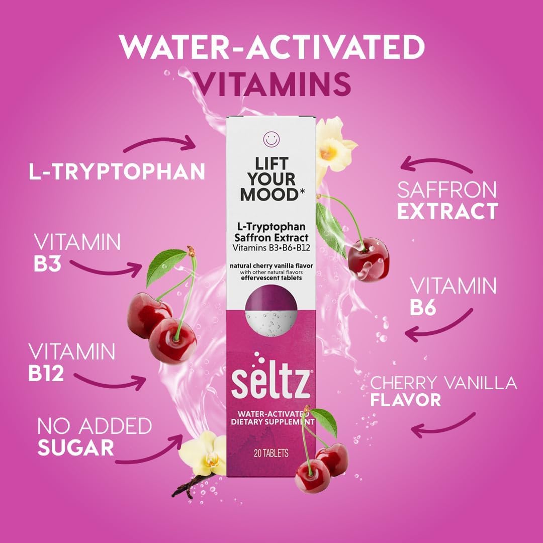 Seltz Lift Your Mood effervescent tablets on the go for quick energy.