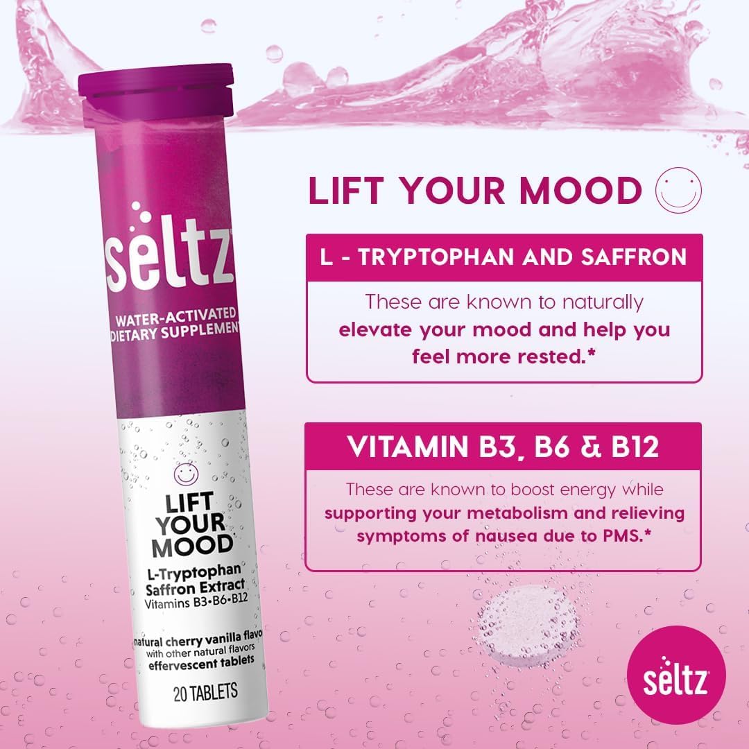 Seltz Lift Your Mood tablet dissolving in water close-up with fizz.