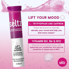 Seltz Lift Your Mood tablet dissolving in water close-up with fizz.