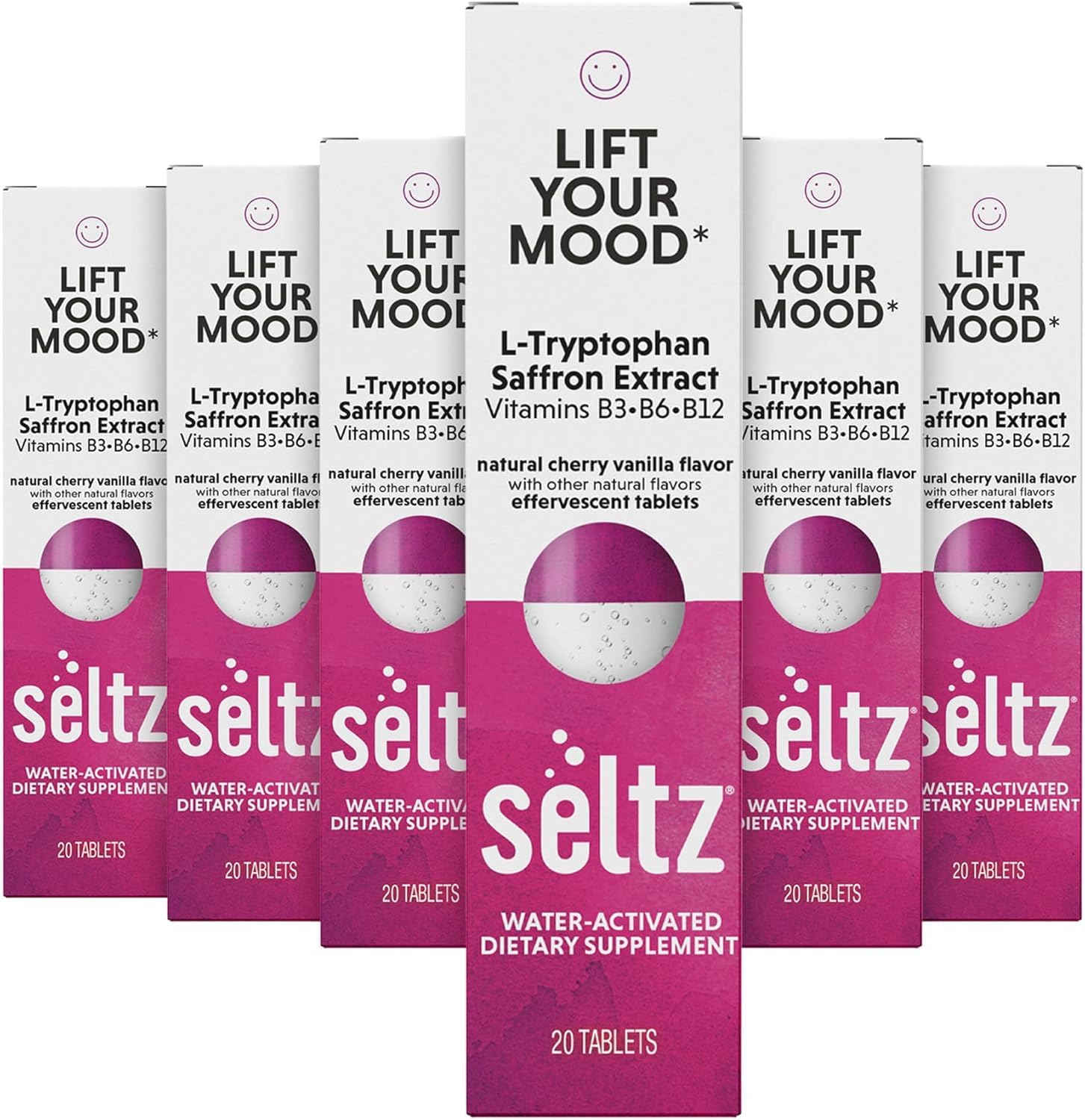 Seltz Lift Your Mood tablet dissolving in water for daily mood support.