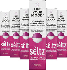 Seltz Lift Your Mood tablet dissolving in water for daily mood support.
