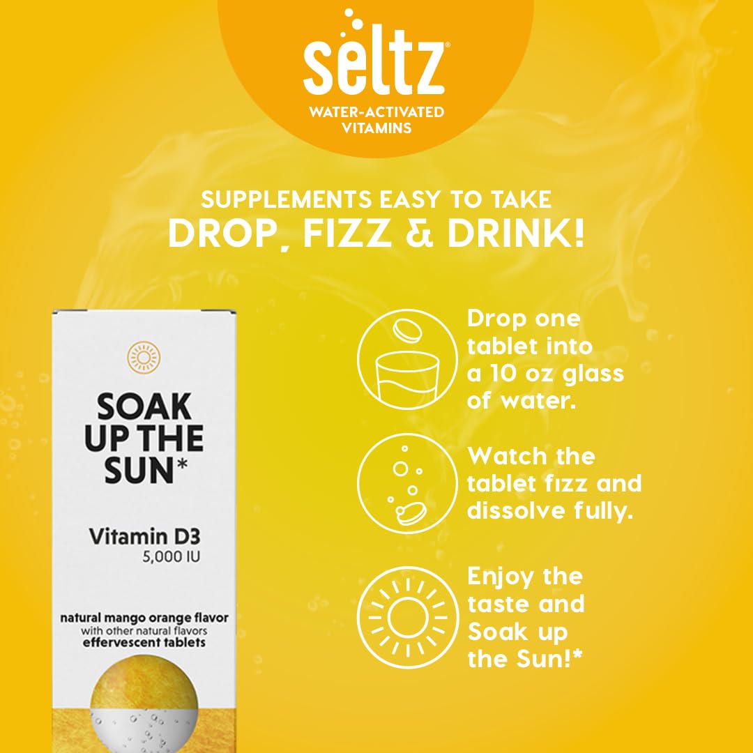 Seltz Soak Up The Sun dissolving tablet in a 10 oz water glass.