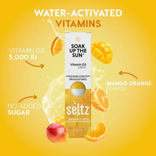 Seltz Soak Up The Sun effervescent tablet fizzing in a glass on a bright morning.