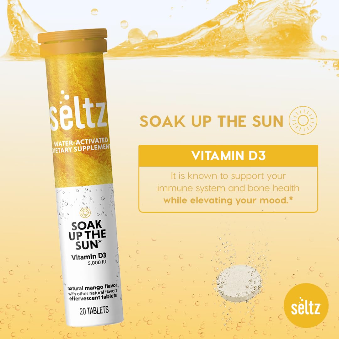 Seltz Soak Up The Sun tablet beside a sunlit setting suggesting mood support.