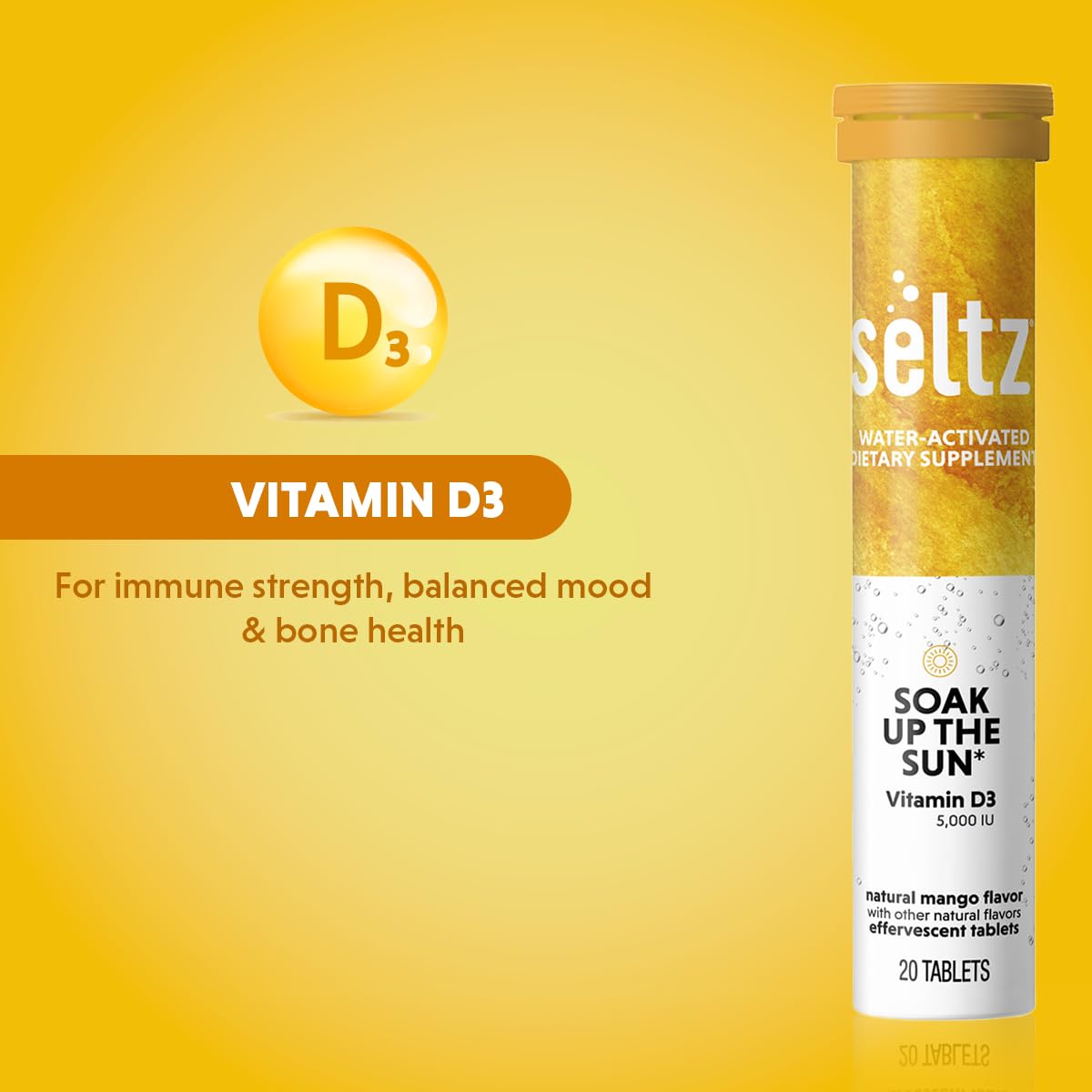 Packaging of Seltz Soak Up The Sun mango-orange flavor bottle showcased beside a glass.