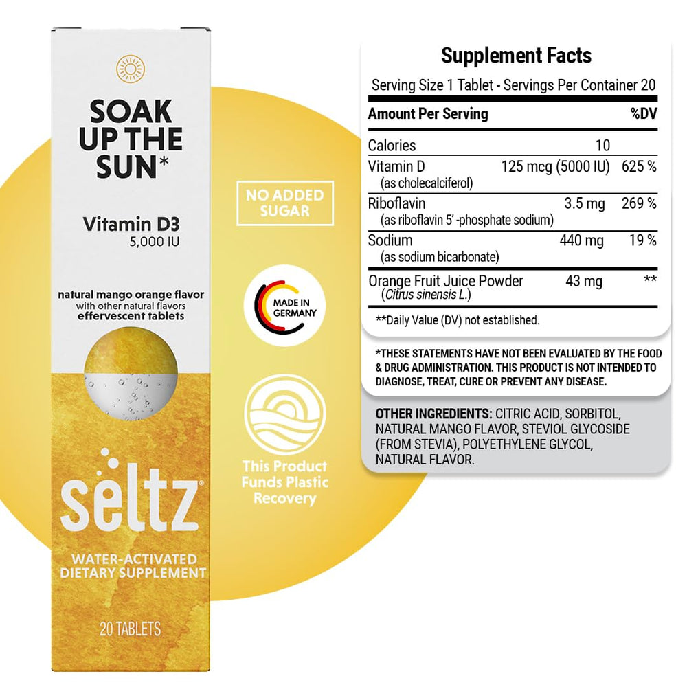 Seltz Soak Up The Sun packaging and 20-tablet blister pack in six-pack.