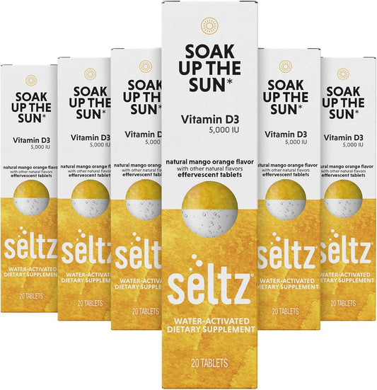 Seltz Soak Up The Sun tablet dissolving in water for a refreshing vitamin D3 boost.