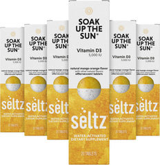 Seltz Soak Up The Sun tablet dissolving in water for a refreshing vitamin D3 boost.