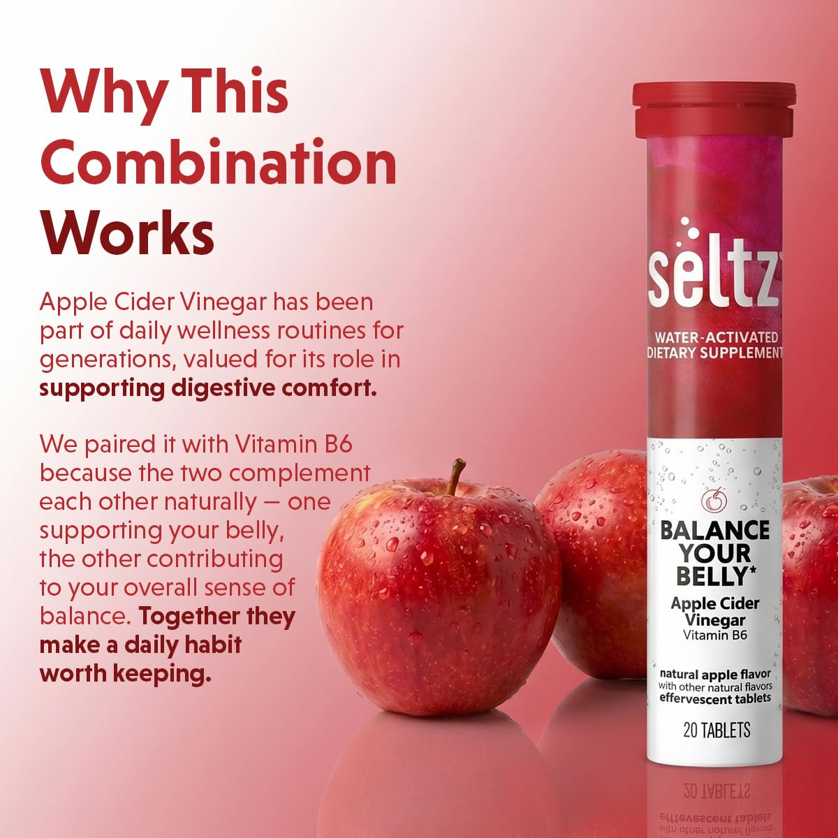Seltz tablet dissolving in water with fizz, showing easy preparation benefit