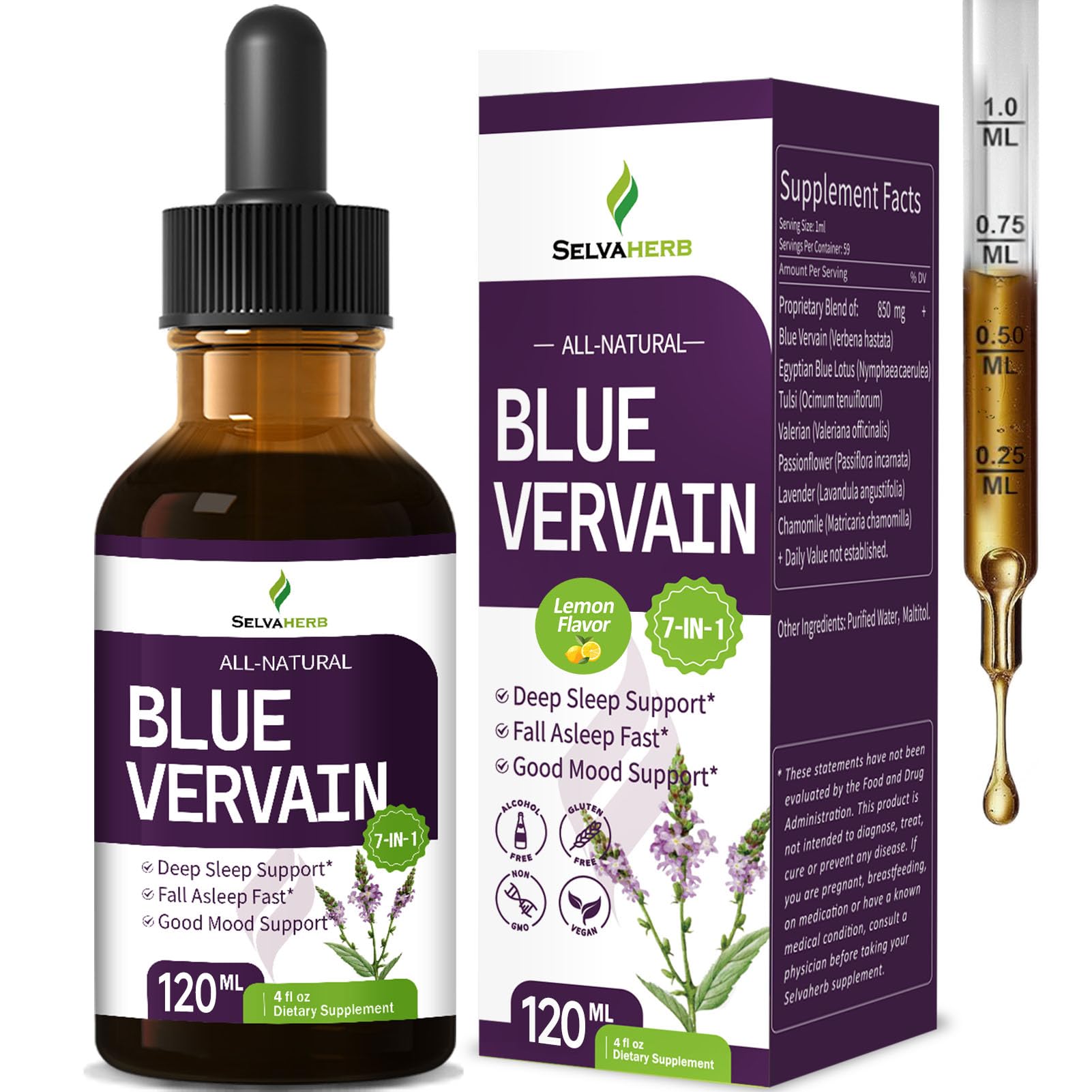 Selvaherb Blue Vervain Drops bottle promoting calm sleep support.