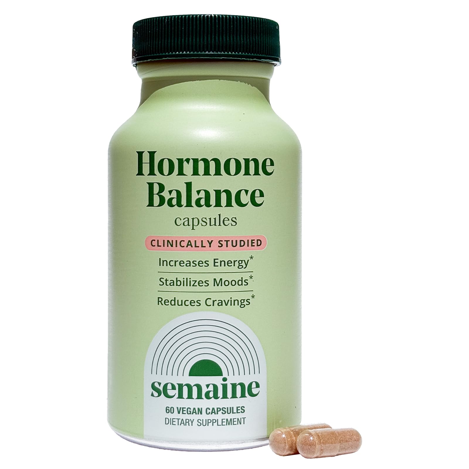 Semaine Hormone Balance bottle closeup with premium capsules for daily balance.