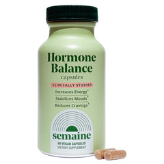 Semaine Hormone Balance bottle closeup with premium capsules for daily balance.