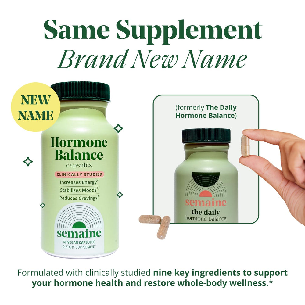 Semaine Hormone Balance capsules in amber bottle suggesting daily use outdoors.