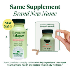Semaine Hormone Balance capsules in amber bottle suggesting daily use outdoors.