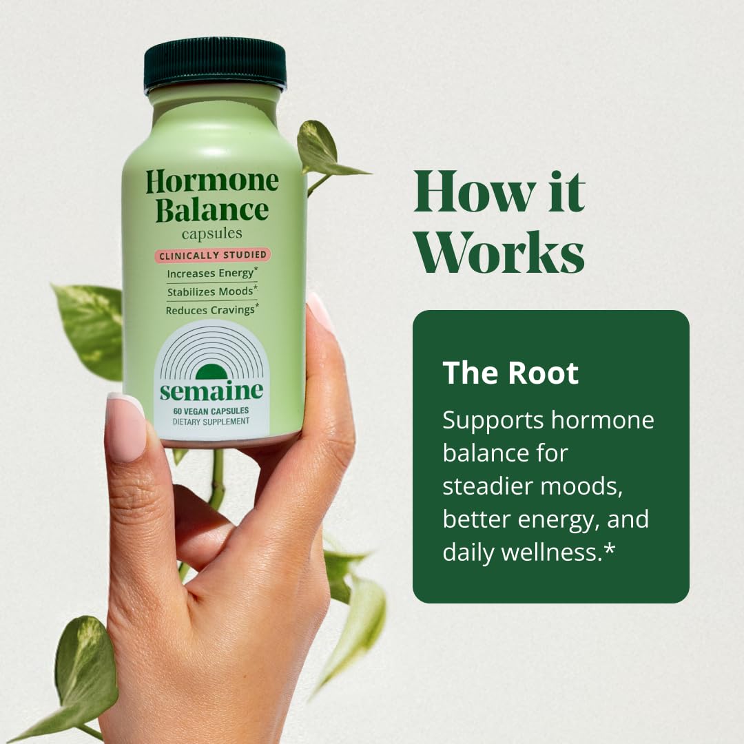 Semaine Hormone Balance label detail highlighting key ingredients and uses.