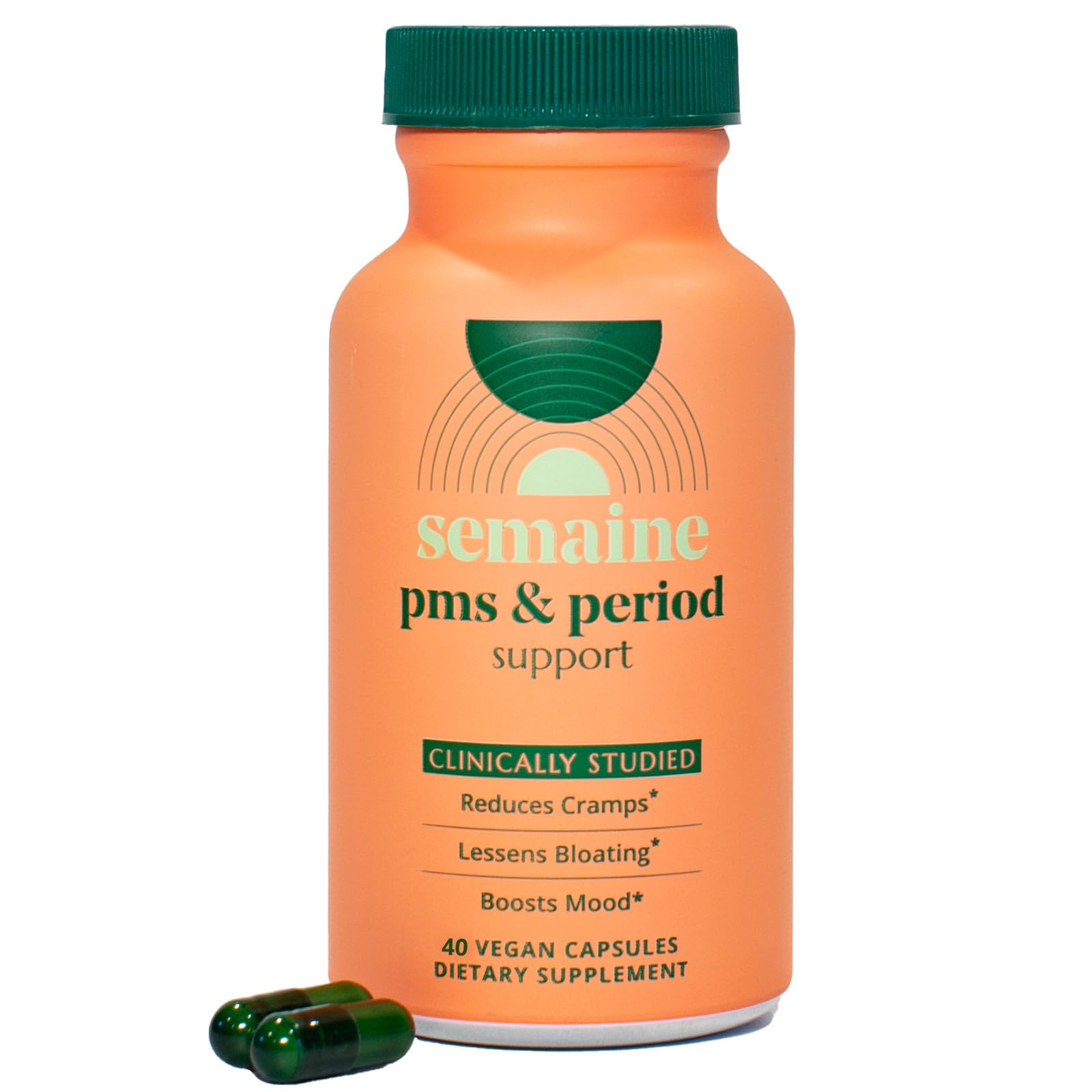 Semaine PMS Relief bottle label showing a vegan, science-backed formula for cycle support.