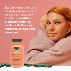 Semaine PMS Relief bottle shows vegan and clean ingredient icons for trust.