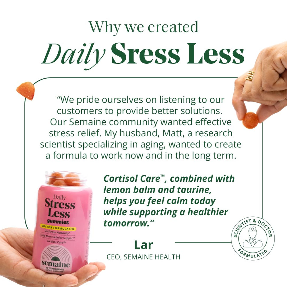Semaine Stress Less Gummy on desk for focused mood support