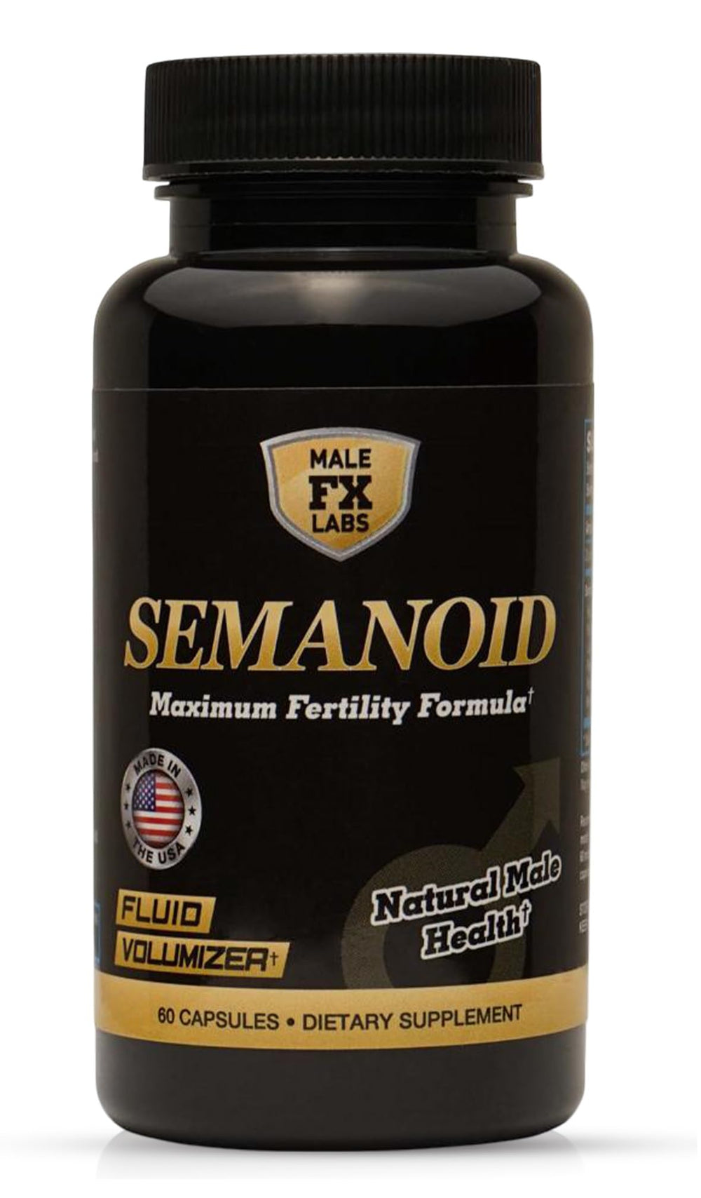 Male FX Labs Semanoid bottle cap close-up highlighting branding and fertility support.
