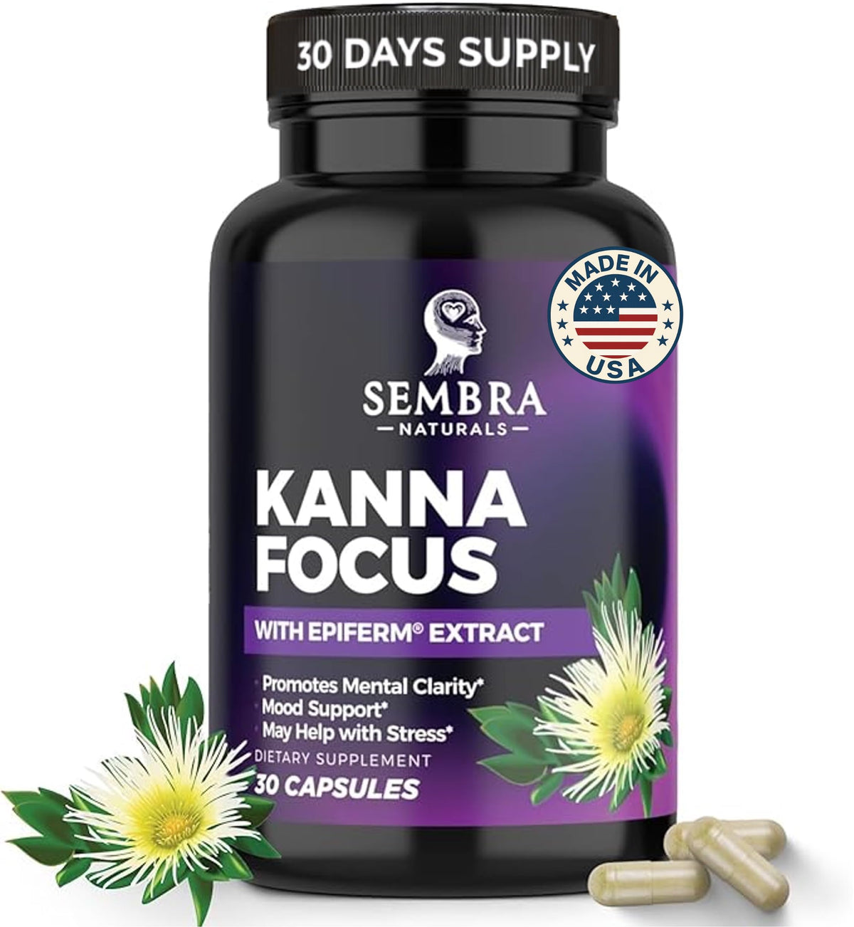 Sembra Naturals KannaFocus bottle with capsules for calm focus and steady daily energy.