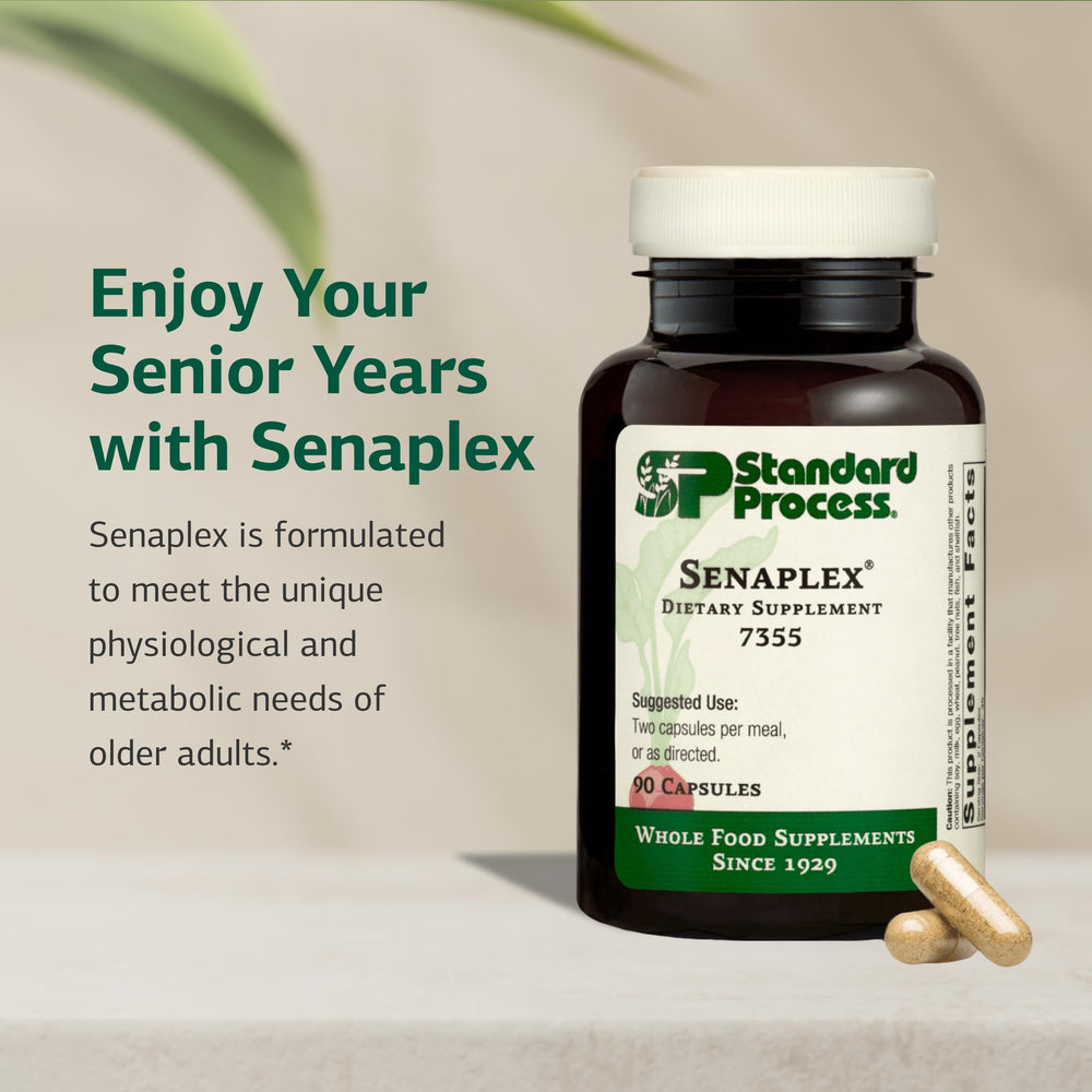Senaplex ingredients panel emphasizing key vitamins and dairy-free formulation