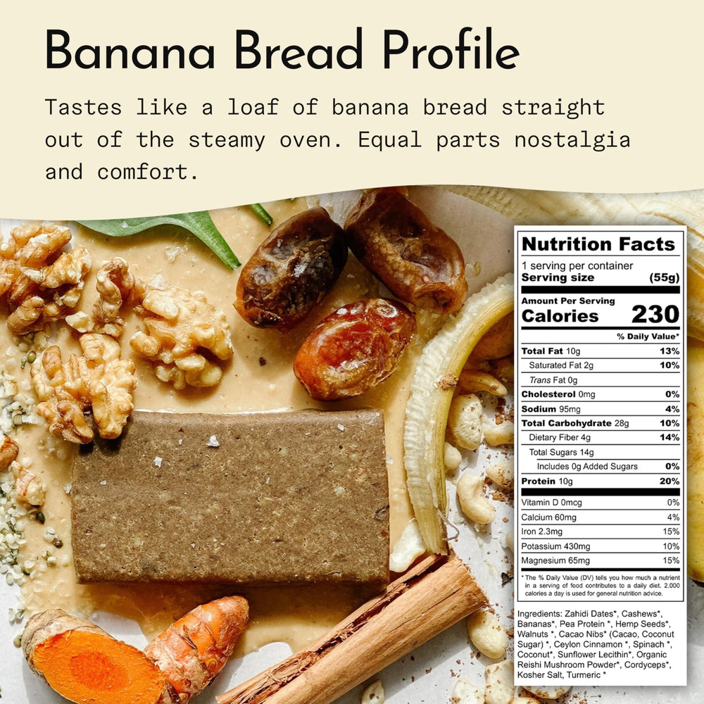 Send Bars Banana Bread bar ingredients closeup with dates, nuts and greens
