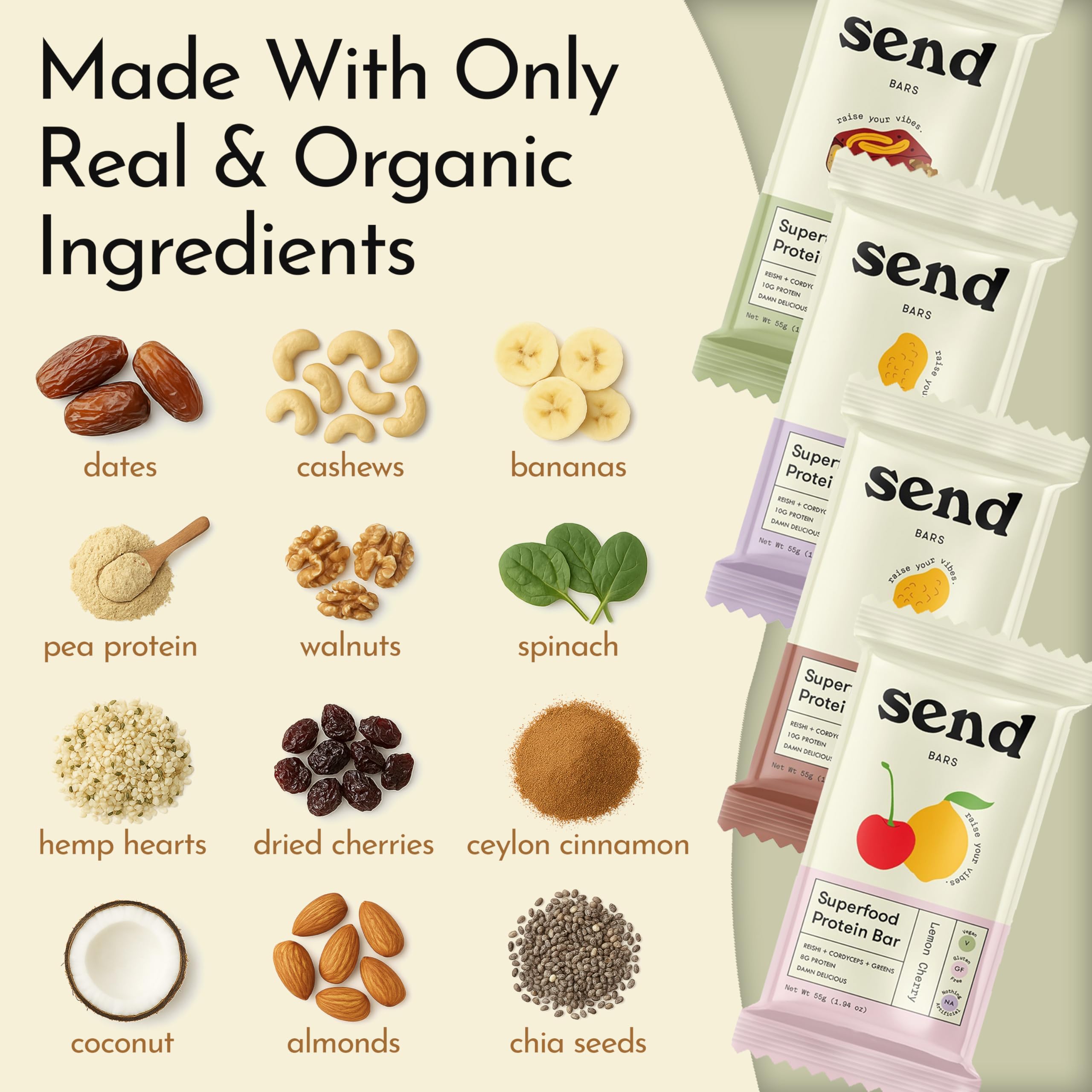 Send Bars on-the-go display with greens and hemp seeds, ideal for a quick protein snack.
