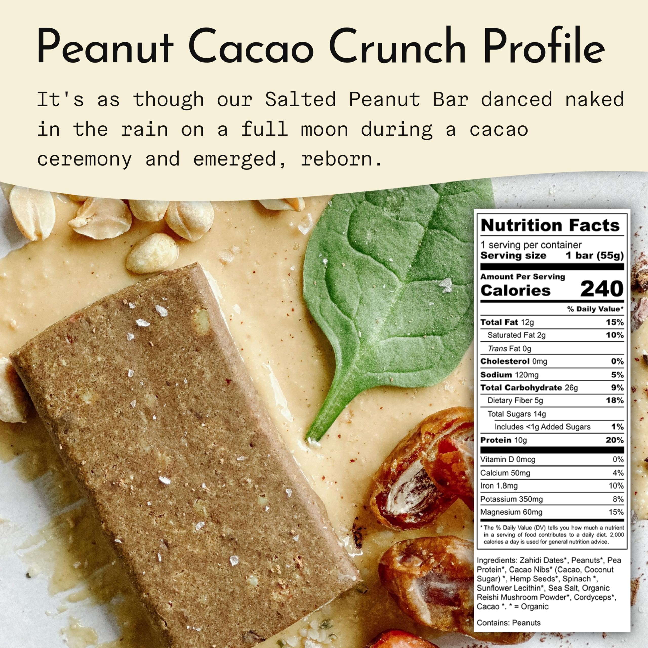 Send Bars Peanut Cacao Crunch close-up highlights cacao nibs and spinach greens for plant-powered energy.