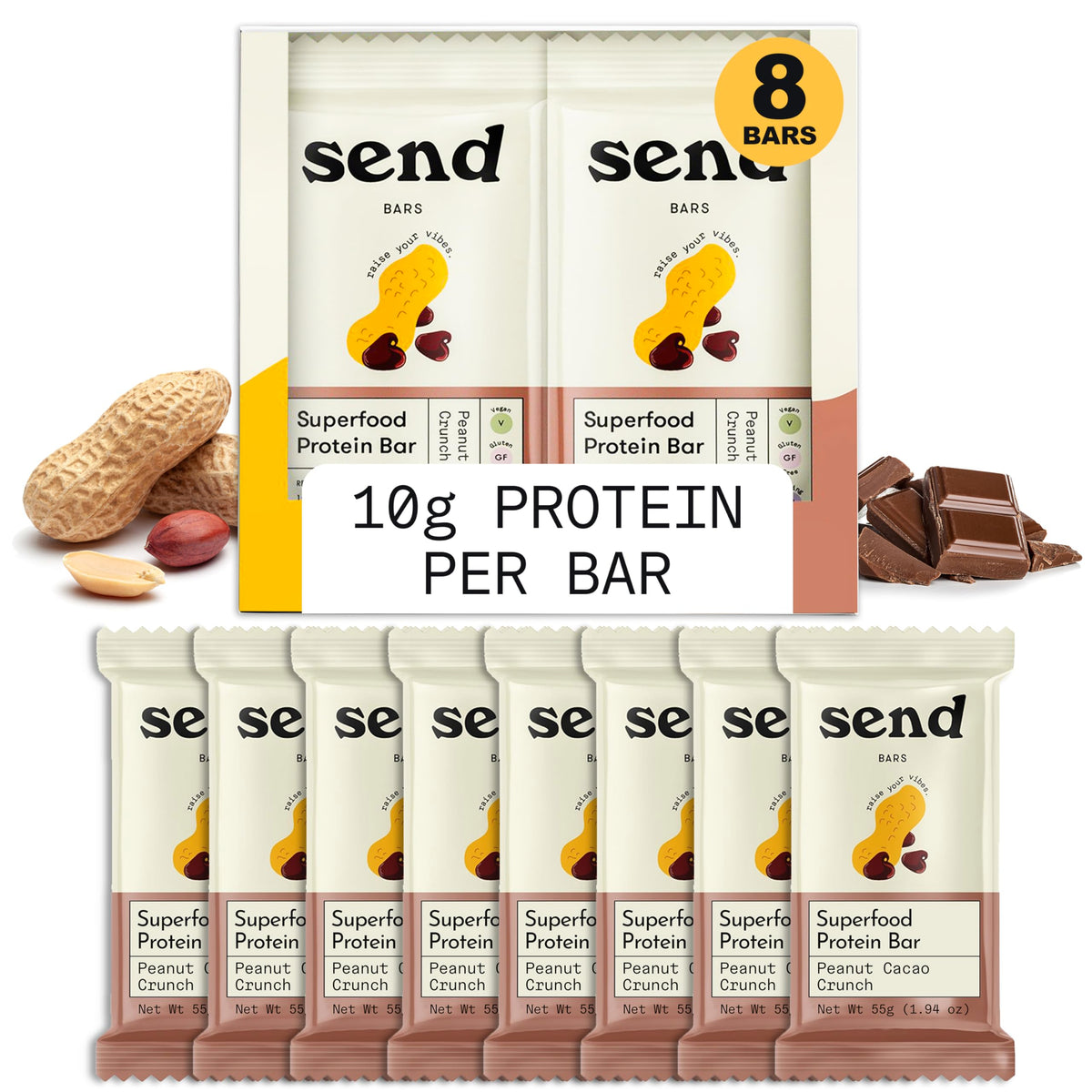 Send Bars Peanut Cacao Crunch bar pack shows real ingredients for on-the-go plant protein.