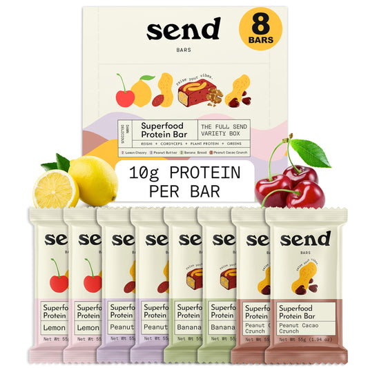 Send Bars variety pack front view for on-the-go plant-based protein