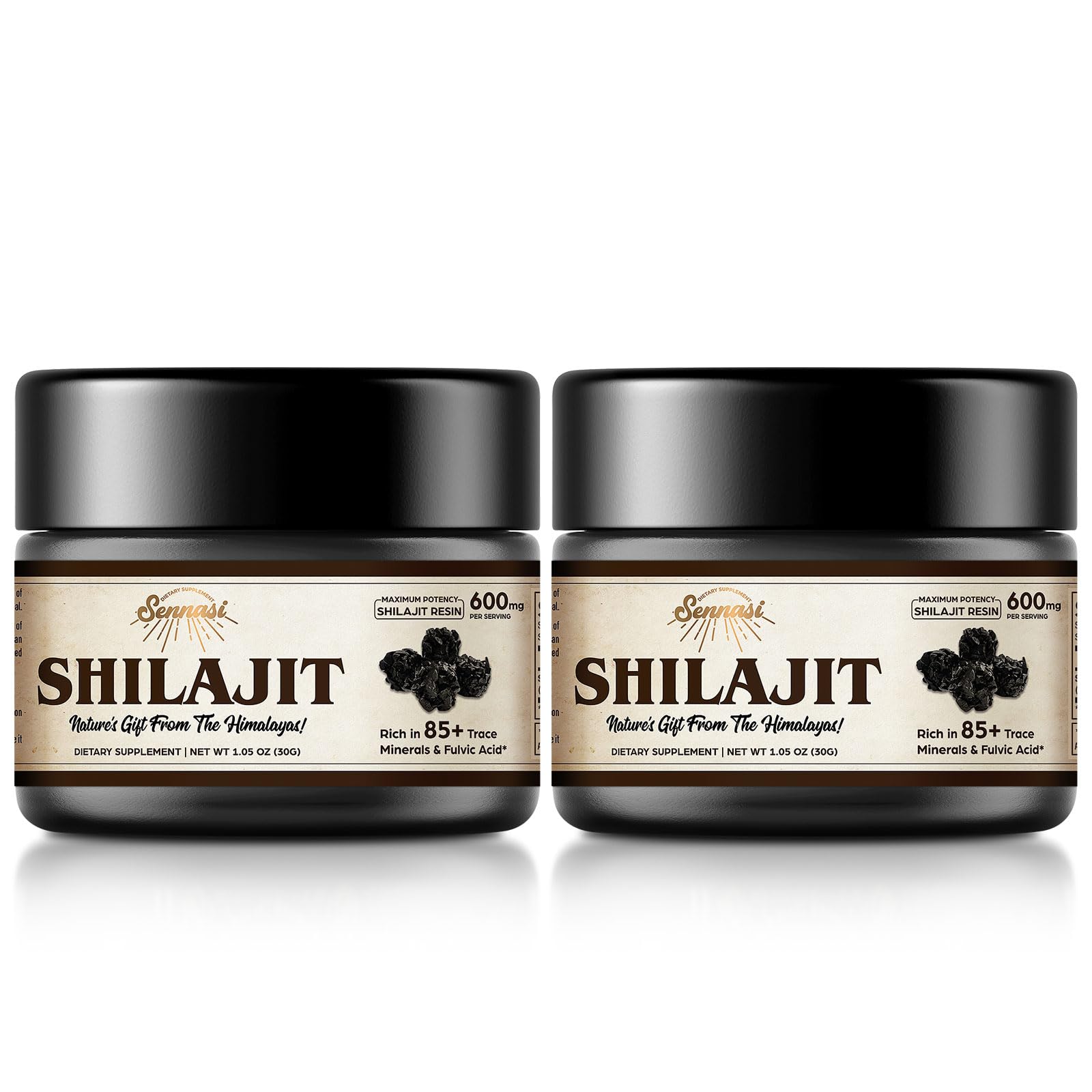 Sennasi Shilajit resin bottle closeup showing pure mineral-rich resin and potency