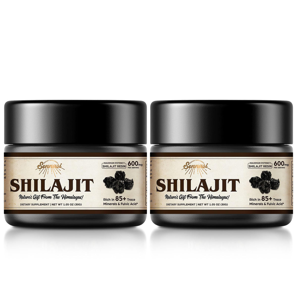 Sennasi Shilajit resin bottle closeup showing pure mineral-rich resin and potency