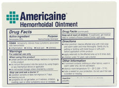 Senokot Americaine Hemorrhoidal Ointment box close-up highlighting 20% benzocaine.