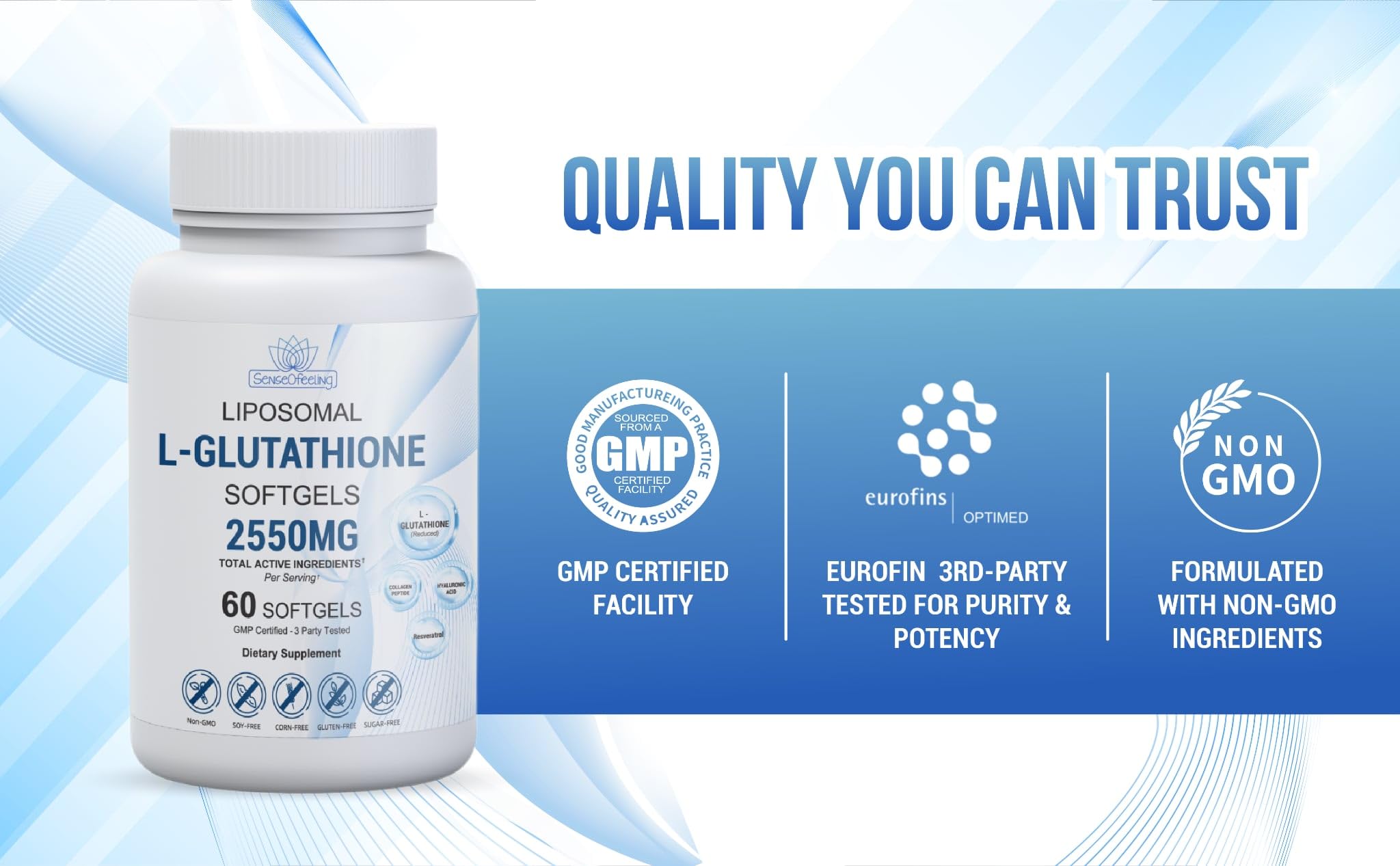Capsules neatly arranged beside Senseofeeling branding for premium formulation