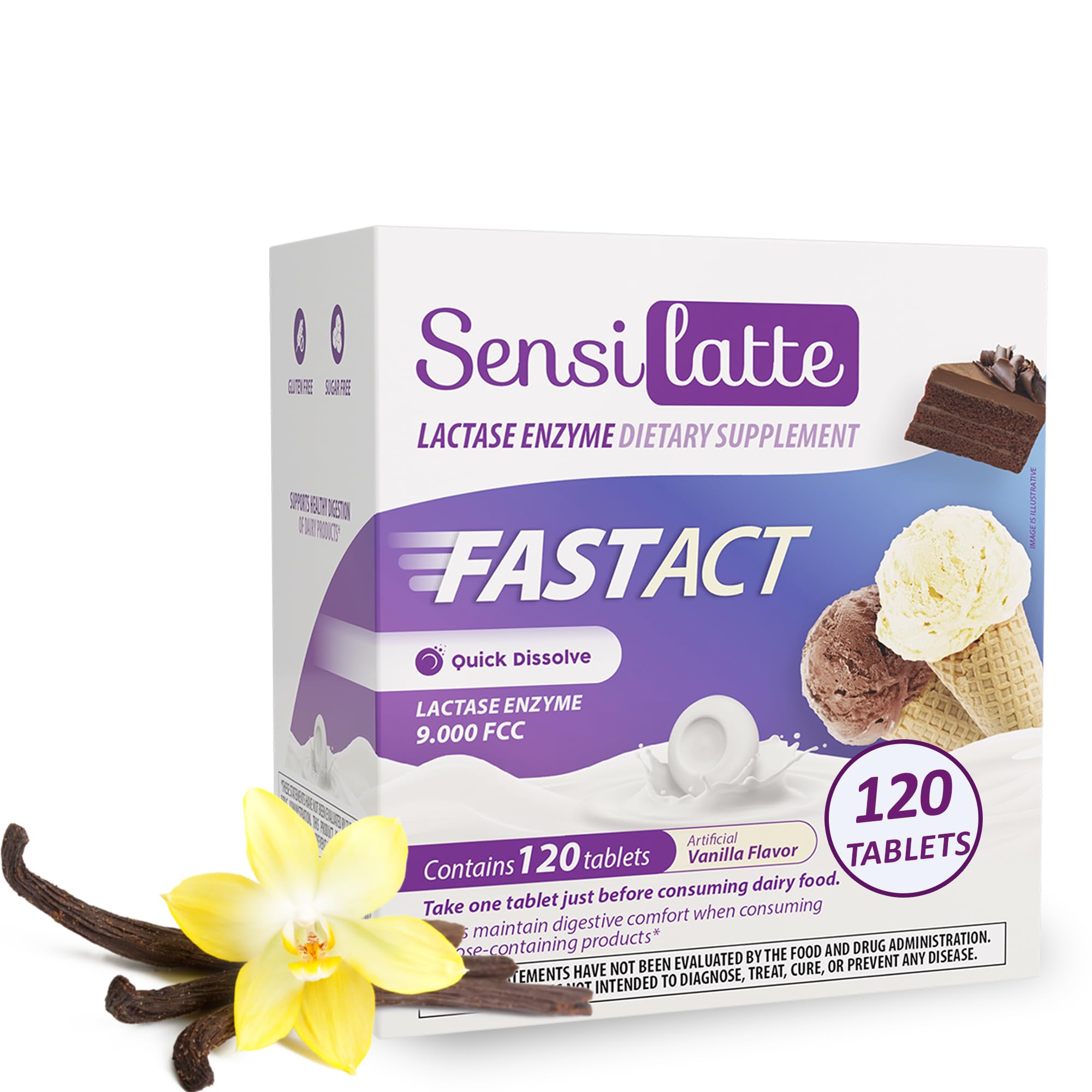 SENSI LATTE lactase enzyme vanilla tablets ready for easy dairy enjoyment.