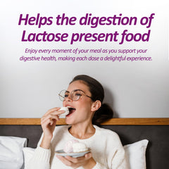 Sensilatte fast-dissolution tablets on tongue, convenient for meals away from home.