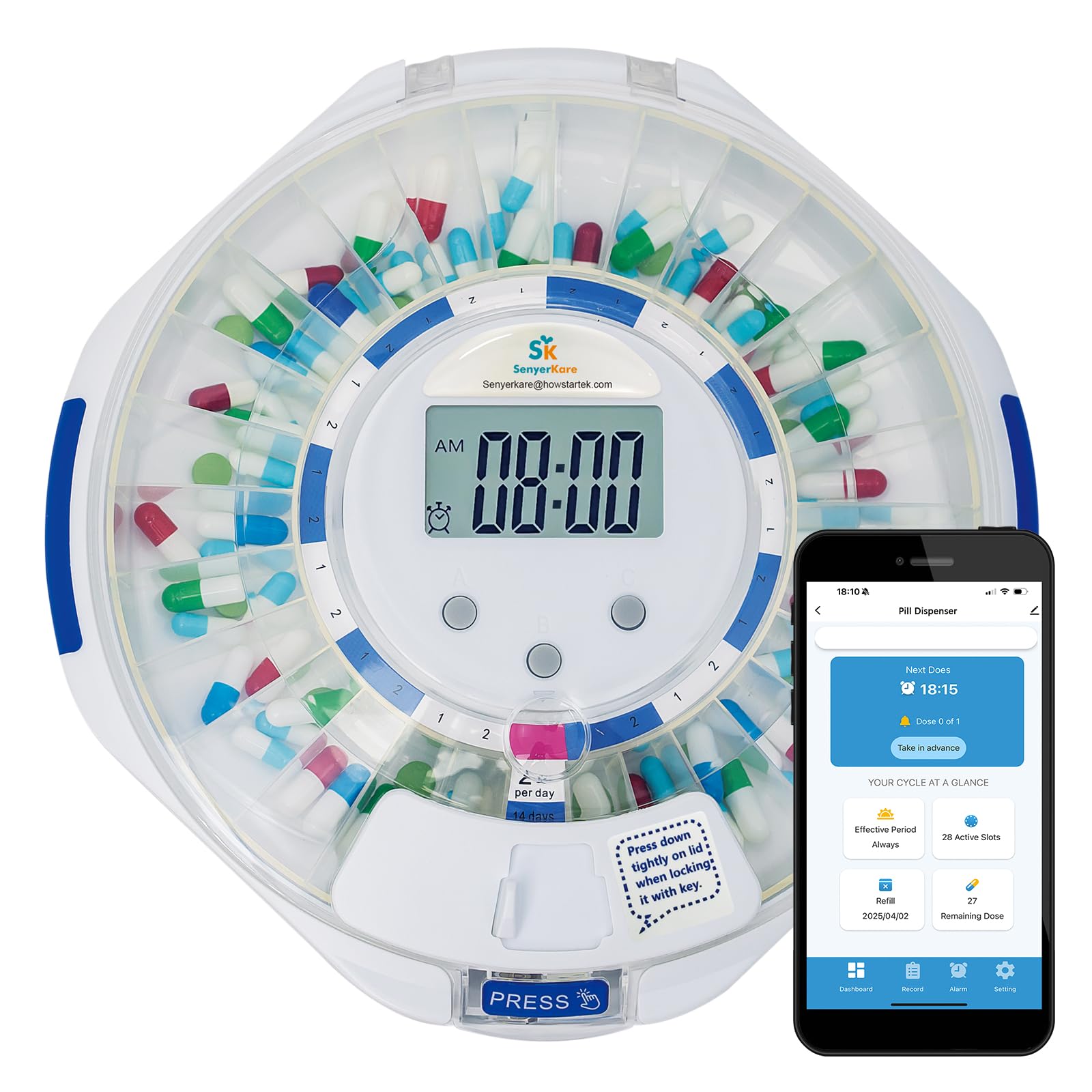 Senyerkare 28-day Bluetooth pill dispenser for easy dosing and remote monitoring