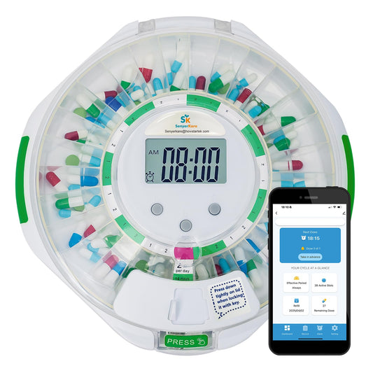 Senyerkare 28Day pill dispenser front view with clear lid for quick dose checks
