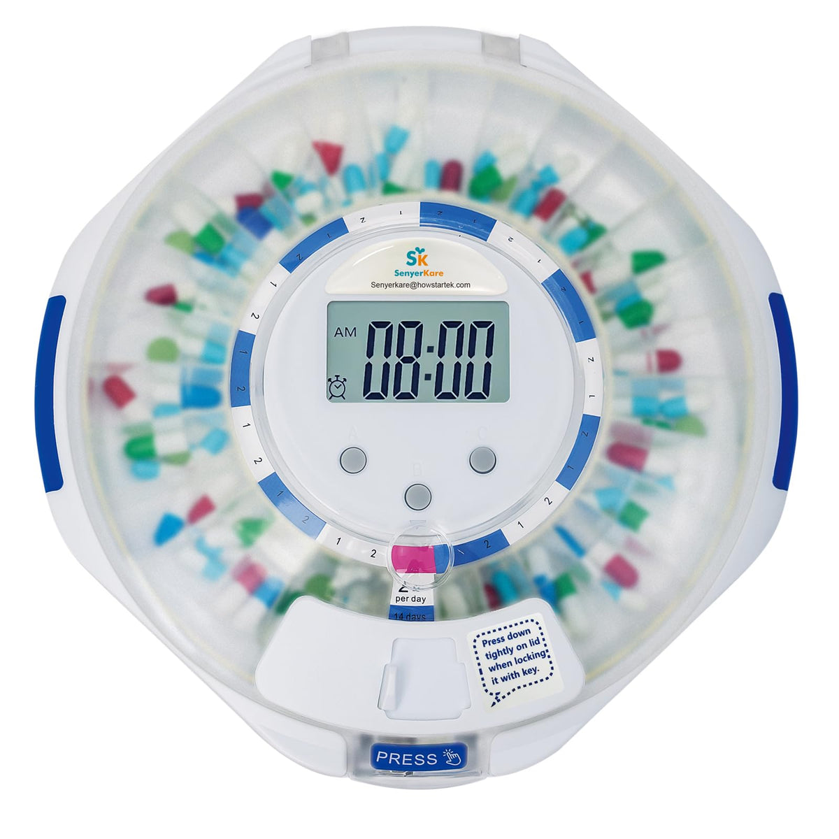 Senyerkare pill dispenser with alarm and frosted lid for private, timely doses