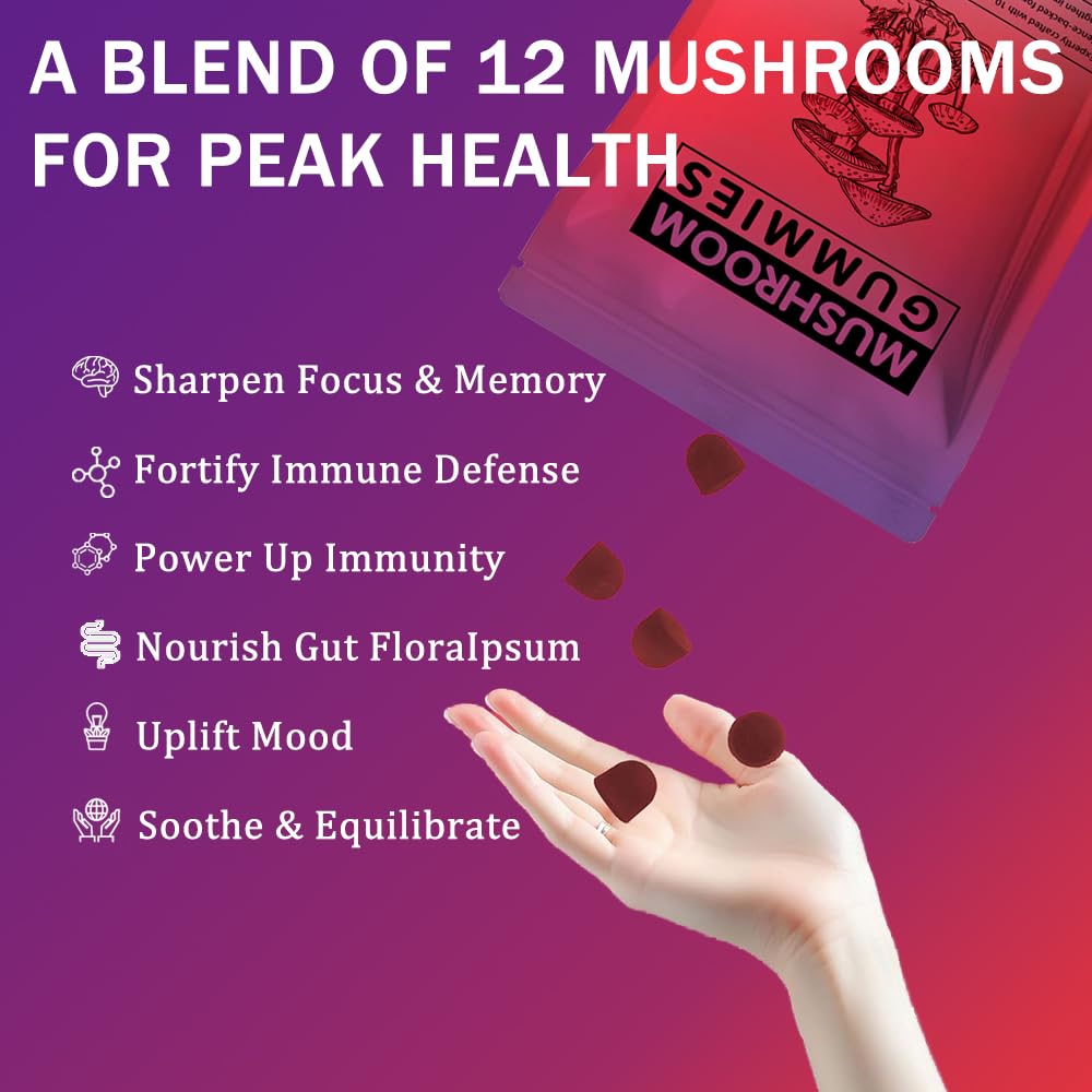 Packaging display of Seodon mushroom gummies for on-the-go wellness.